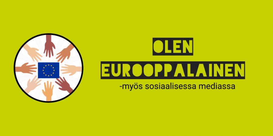 Olen eurooppalainen -hankkeen logo vihreällä taustalla. Kädet kurkottavat kohti EU-lippua. 