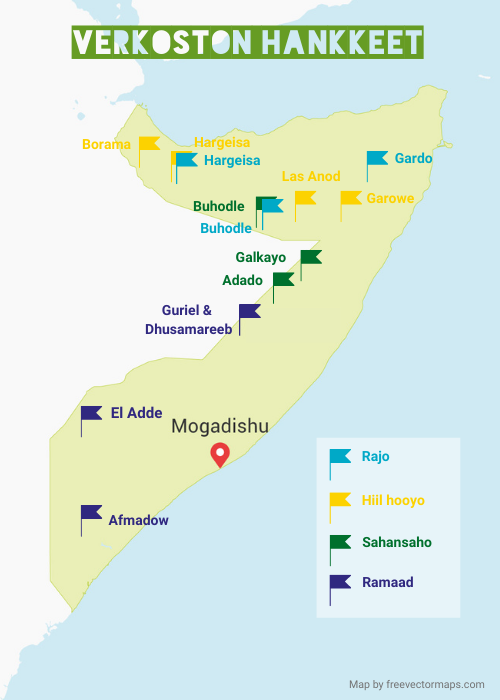 Kartta Somalia-verkoston hankkeista.