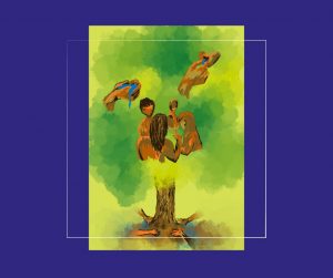 Tumman sinisen taustan keskellä on suorakulmainen pystysuuntainen kuvitus. Kuvituksen taustassa vihreän eri sävyt sekoittuvat toisiinsa vesivärien tavoin. Vasemmassa yläkulmassa kaksi kättä muodostaa kupin, josta vesi valuu yli. Käsien oikealla puolella ikään kuin leijuvat käsi, joka laittaa jotain suuhun. Kasvoista näkyy vain leuka ja suu. Keskellä vihreää taustaa neljä ihmistä on ympyrässä kasvot toisiinsa suunnattuna. Hahmoilla ei ole kasvon piirteitä, mutta yksi hahmoista nojaa leukaansa, kun taas toinen pitää etusormeaan ilmassa. Hahmojen ringin alla on kuvattu puu. Puusta näkyy vain alaosa ja sen juuressa neljä kättä koskettaa sitä.